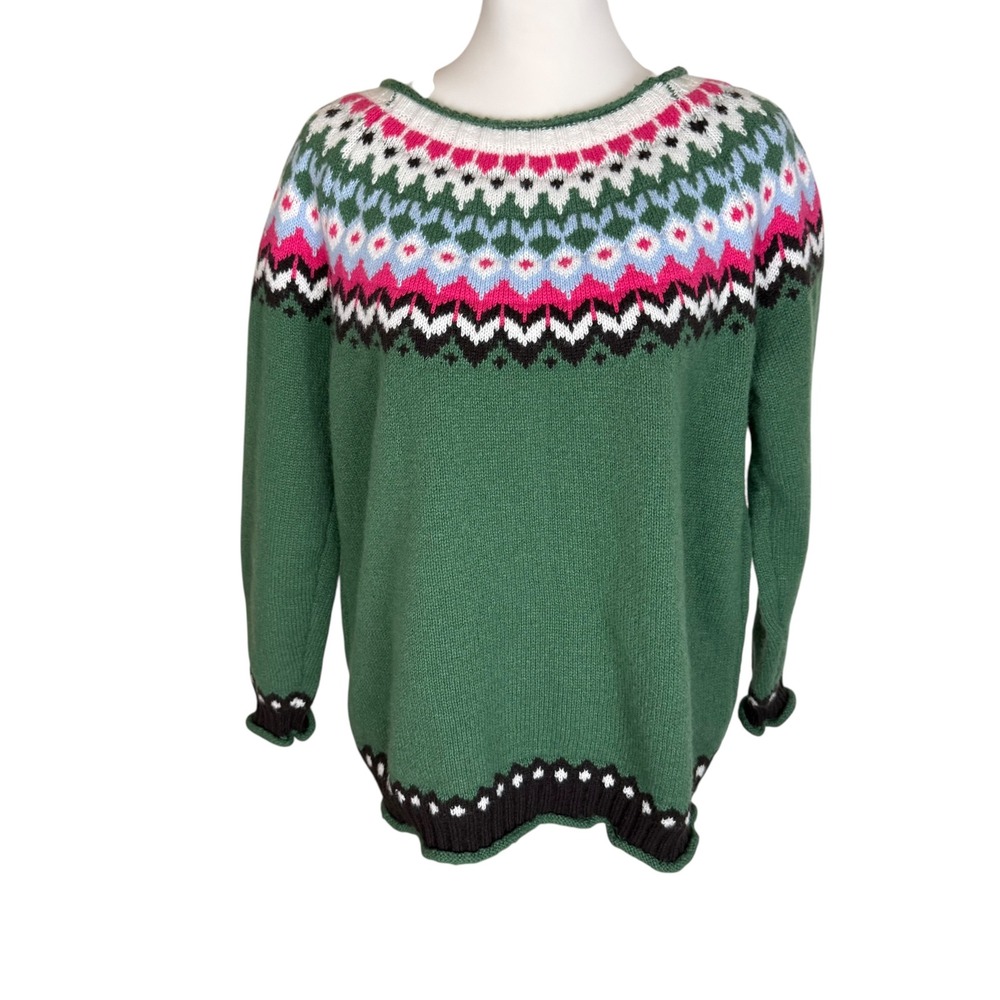 Fair Isle Knit Sweater‎ Green Pink Nordic Geometric Yoke Pullover Women Large